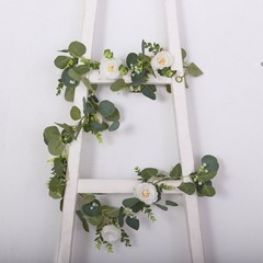 5.5 ft Green White Eucalyptus Leaves Garland Silk Rose Flower Heads Party Events