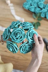 Artificial Flowers 50pcs Real Looking Foam Fake Roses with 50Pcs Teal Green
