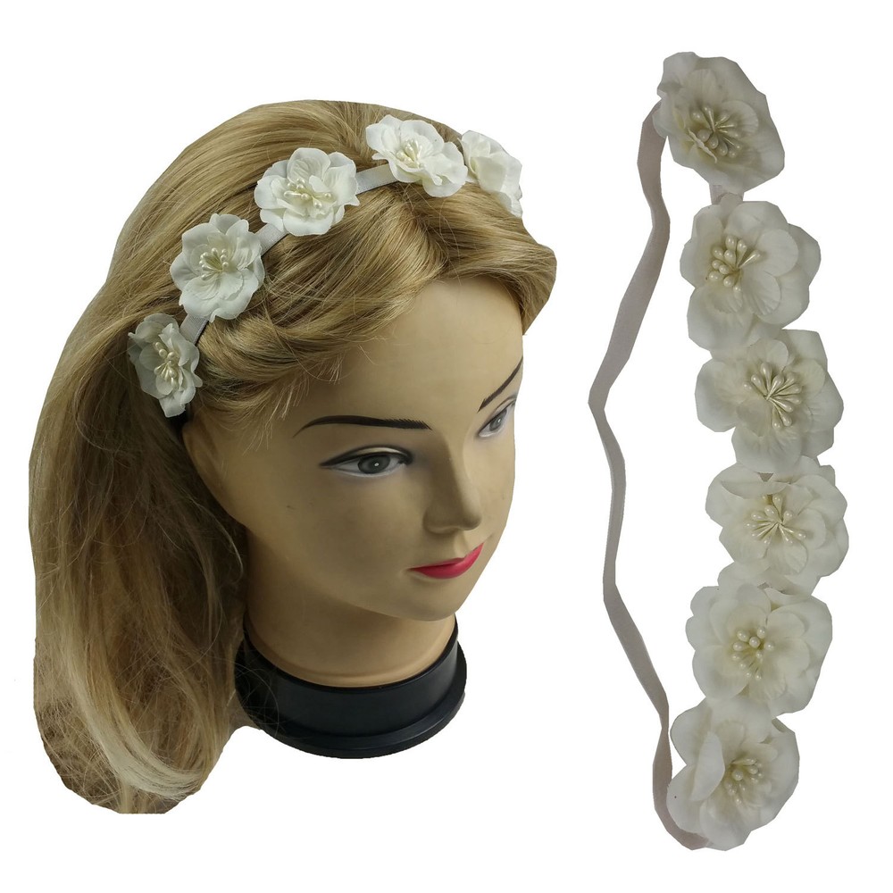Beige Flowers Elastic Headband Head wrap Bridal Wedding Party Prom Banquet
