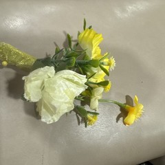 Silk Boutonnière Yellow Flowers & Filler. Yellow Ribbon On Stem Perfect For Prom