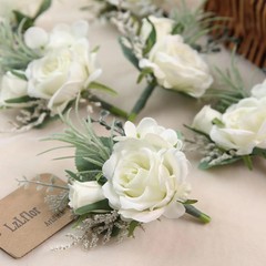 6Pcs White Faux Silk Rose Boutonnieres for Men Wedding Prom | White Artificial S