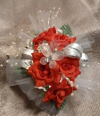 NEW 6″ Artificial Red Rose Wrist Corsage Pearls, Butterfly Silver Bow Red Bout