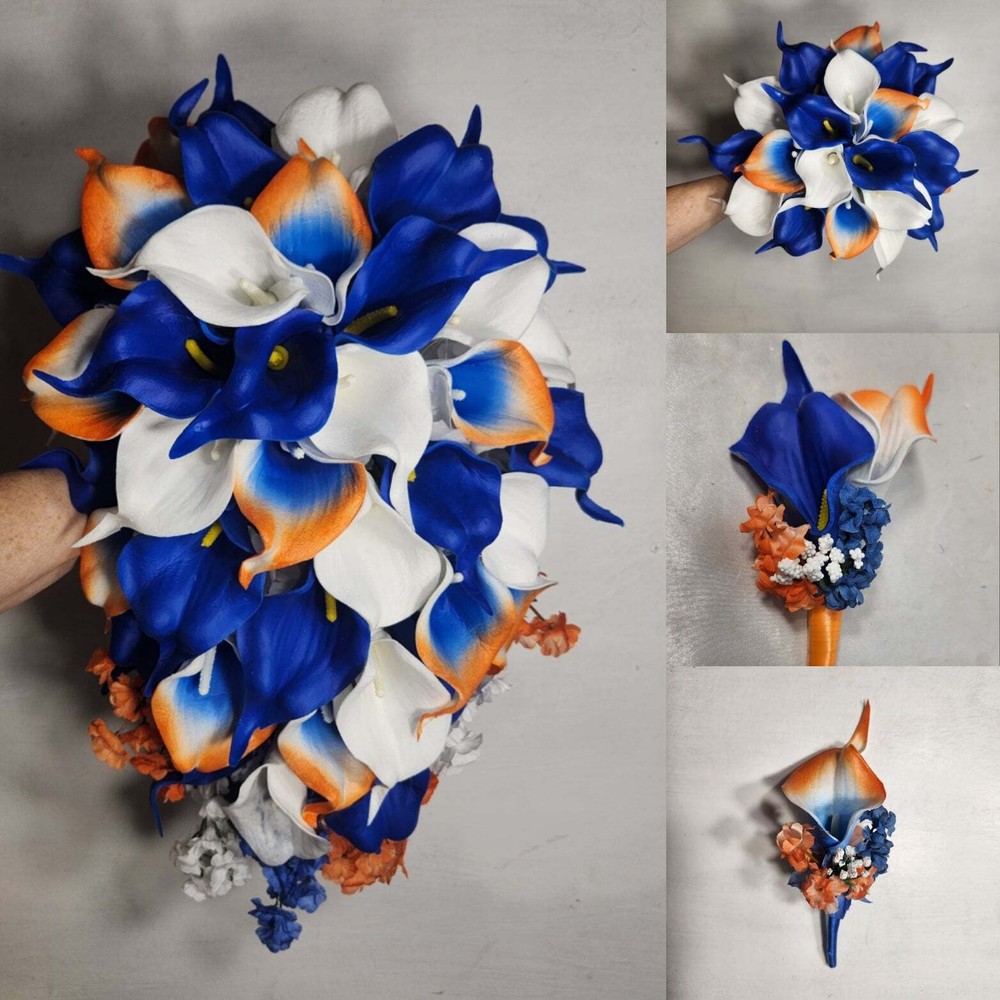 Orange Royal Blue Calla Lily Bridal Wedding Bouquet Accessories