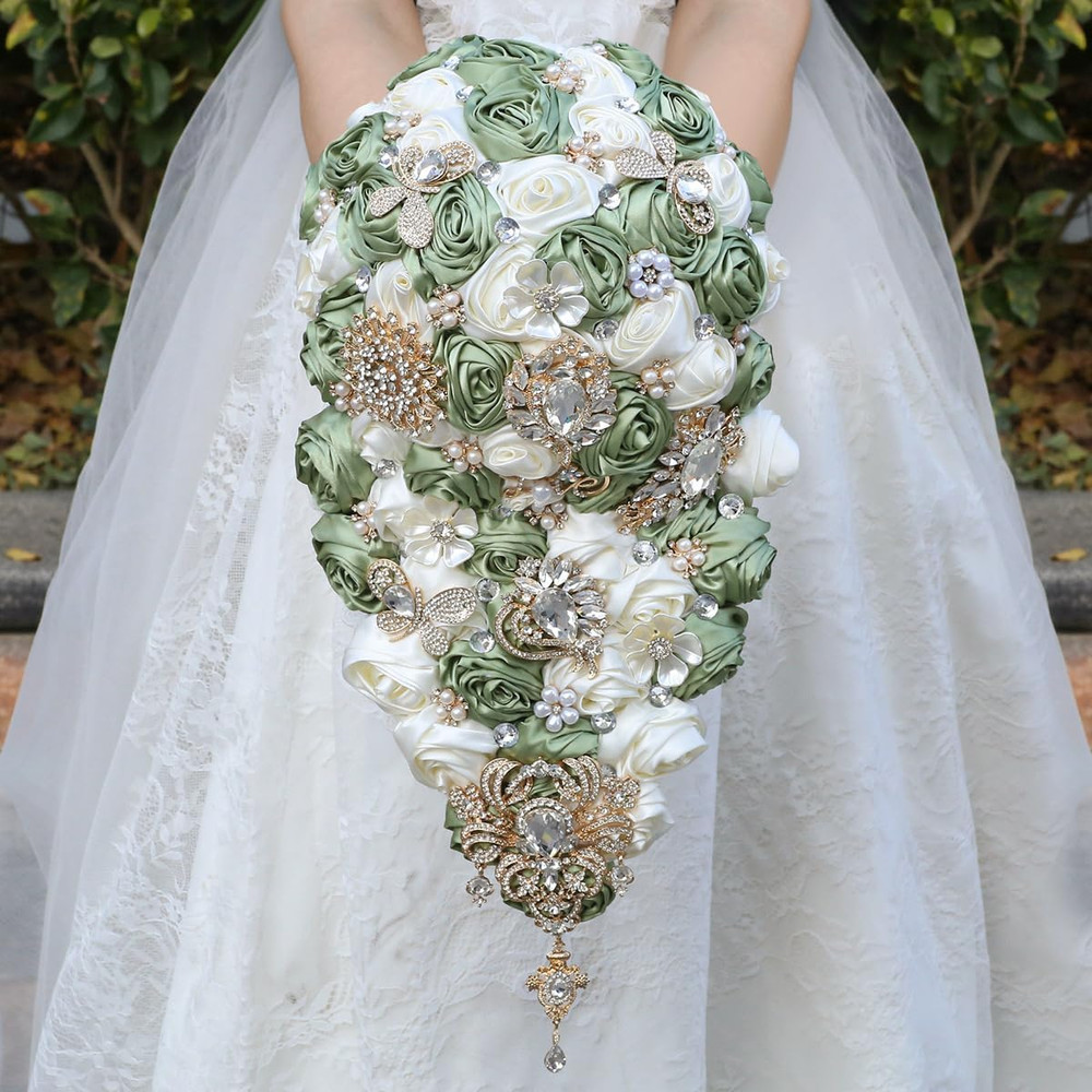 Luxury Cascade Bridal Wedding Bouquet Satin Rose Waterfall Holding Bouquet Artif