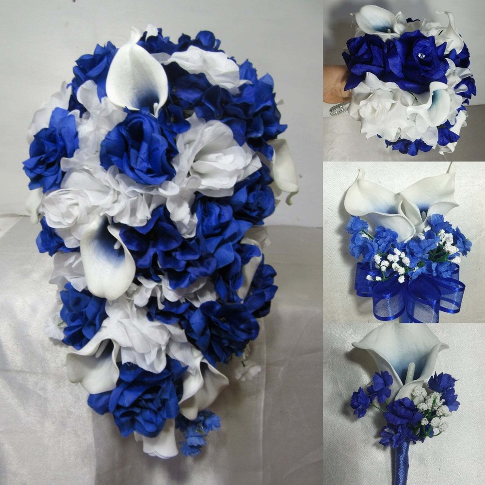 Royal Blue White Rose Calla Lily Bridal Wedding Bouquet Accessories