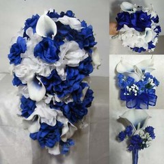Royal Blue White Rose Calla Lily Bridal Wedding Bouquet Accessories