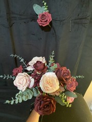 Wedding bouquet In Champagne And Burgundy With Matching Boutonnière