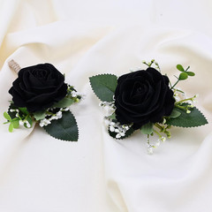 2Pcs Black Rose Corsage and Men Boutonniere Set, Wrist Band Bracelets, for Weddi