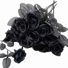 10pcs Black Roses Artificial Flowers, All Black Faux Fake Silk Rose Black