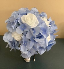 Periwinkle Hydrangea and white rose wedding bouquet