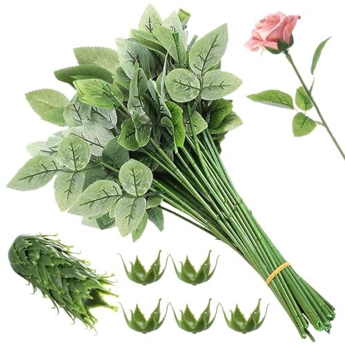 50 Pcs Rose Stems with Leaves & 50 Pcs Flower Calyxes Set – Fake Flower Stems
