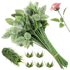 50 Pcs Rose Stems with Leaves & 50 Pcs Flower Calyxes Set – Fake Flower Stems