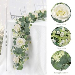 4Pcs(26 Ft) Artificial Eucalyptus & Rose Flower Garland, Faux Rose 4PCS White