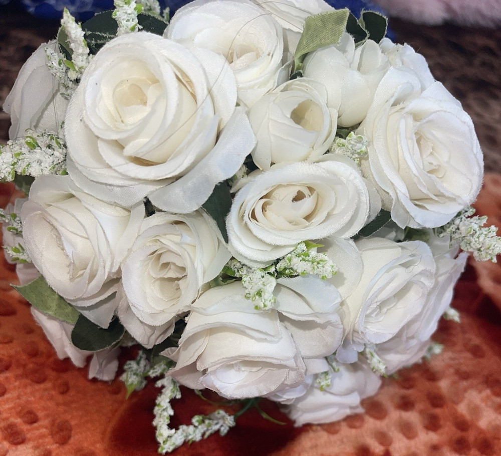 Artificial White Rose Wedding Bouquet, White Satin Ribbon, Green Accents
