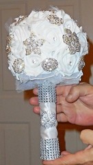 Bridal Bouquet Silver Clear Gem Brooch Pin Bling White Latex Roses Satin Tulle