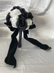 Wedding Bouquet Set, Black & White Roses, Black Velvet Bows, 21 Pc Flowers
