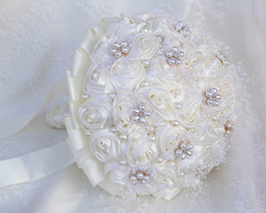 Ivory Handmade Bridal Bouquet with Rhinestones & Satin Roses – 8.7 In