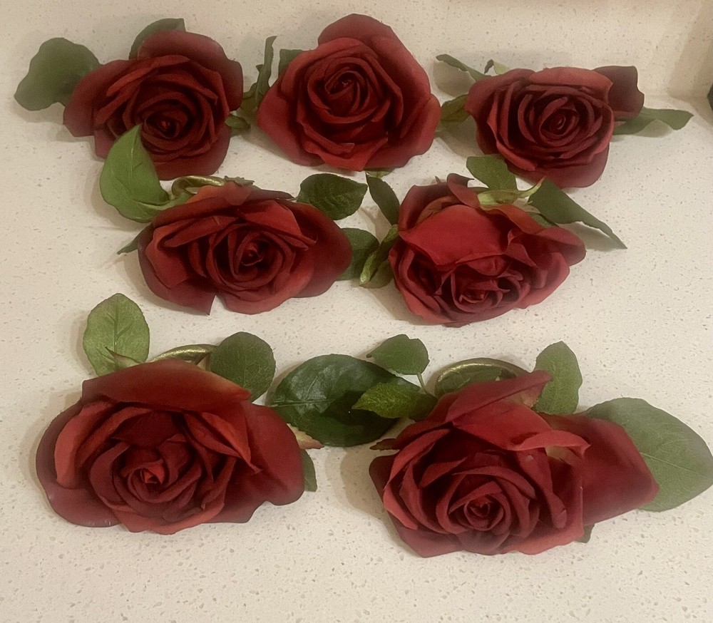 7 Burgundy Red Napkin Candle Rings Silk Roses Wedding Party Flowers Centerpiece