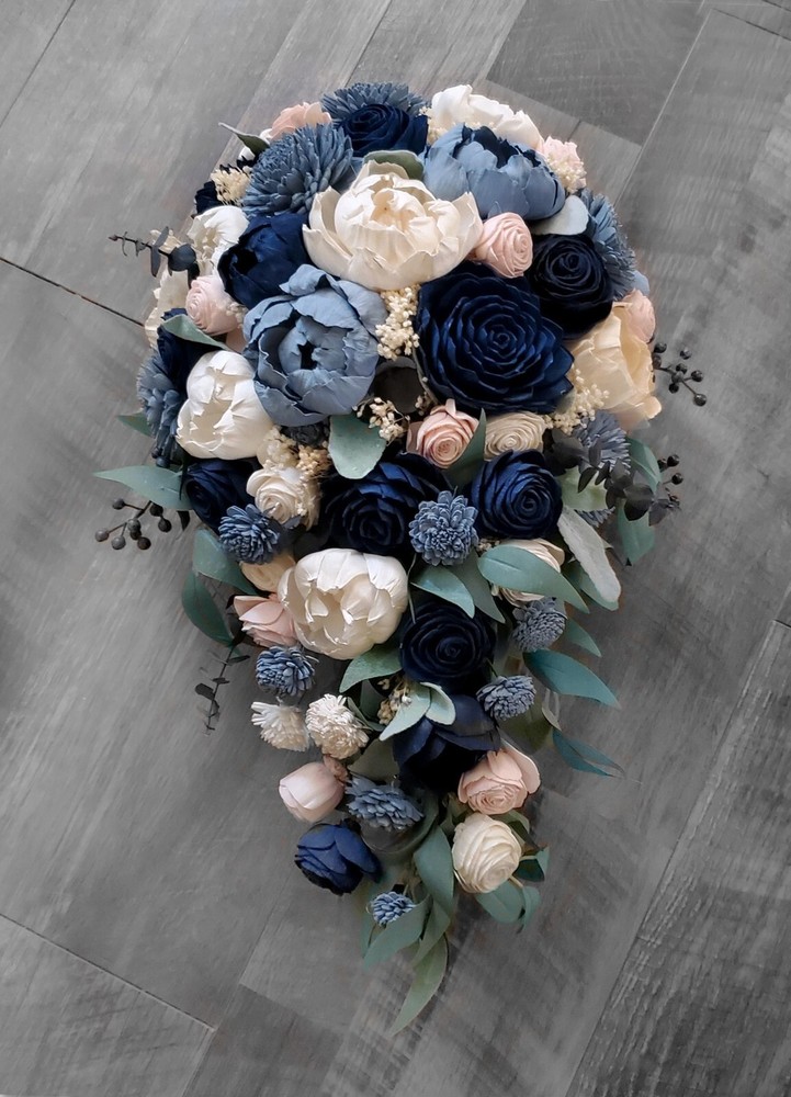 Pink Navy Dusty Blue Cascade Bridal Bouquet Artificial Sola Wood Wedding Flowers