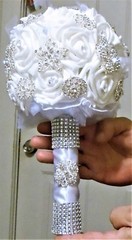 Bridal Bouquet Silver Clear Gem Brooch Pin Bling White Latex Roses Satin Tulle