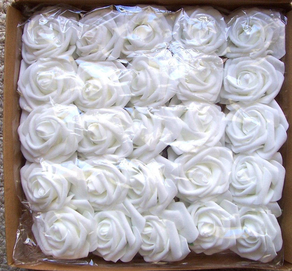 25 Artificial Flowers Foam White Roses Wedding Bouquet Party Shower