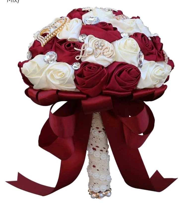 Dark Red Ivory Bridal Bouquet Big Rhinestones Silk Hold Bouquet Luxury Brooch