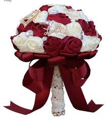 Dark Red Ivory Bridal Bouquet Big Rhinestones Silk Hold Bouquet Luxury Brooch