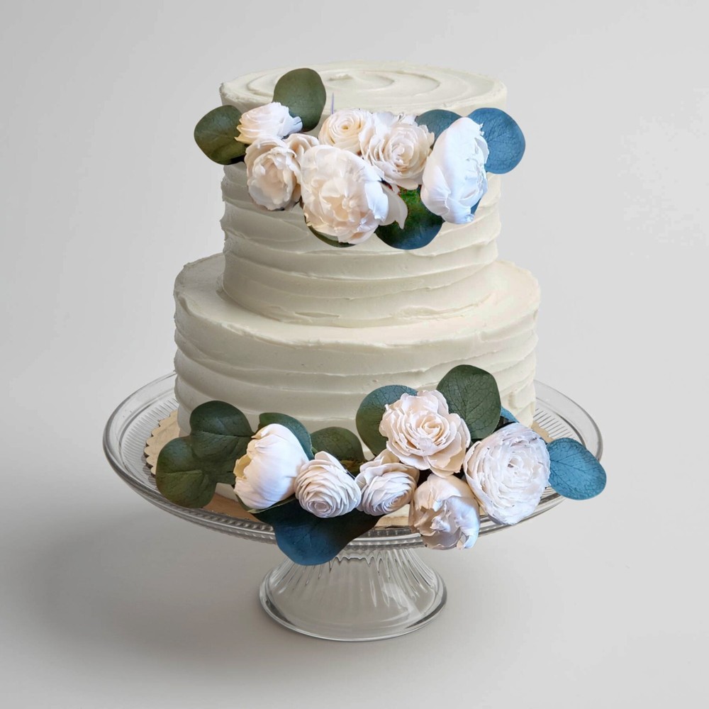 White Wedding Cake Topper Flower 2PC Ivory Sola Wood Garland Bridal Shower Decor