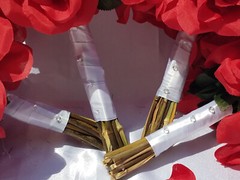13 Pc. Wedding Bouquet Package, Red Roses, White Ribbon, Red Wedding Bouquet Set