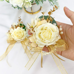 Ayieyill Ivory Rose Wrist Corsage Wristlet Band Bracelet and Boutonniere Set
