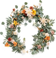 Flower Garland, 6FT Eucalyptus & Rose Terracotta & Orange 02 | Artificial Flo…