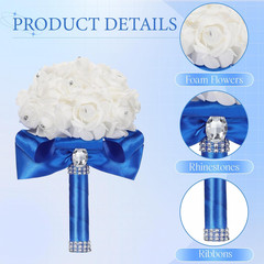Royal Blue Wedding Bouquet Set – 6 Pack with Diamonds & Ribbons for Bride & Brid