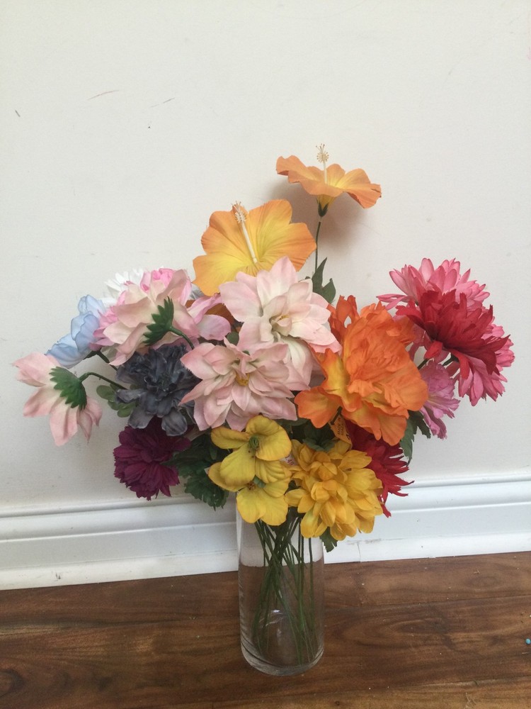 vtg SILK FLOWER mix orange pink mums petunia +ARRANGEMENT Macao ENB 60’s to 80’s