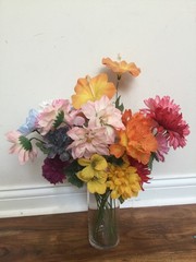 vtg SILK FLOWER mix orange pink mums petunia +ARRANGEMENT Macao ENB 60’s to 80’s
