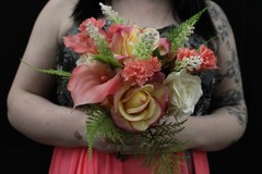 Pink calla lily & rose, creme rose floral bouquet with matching boutonniere