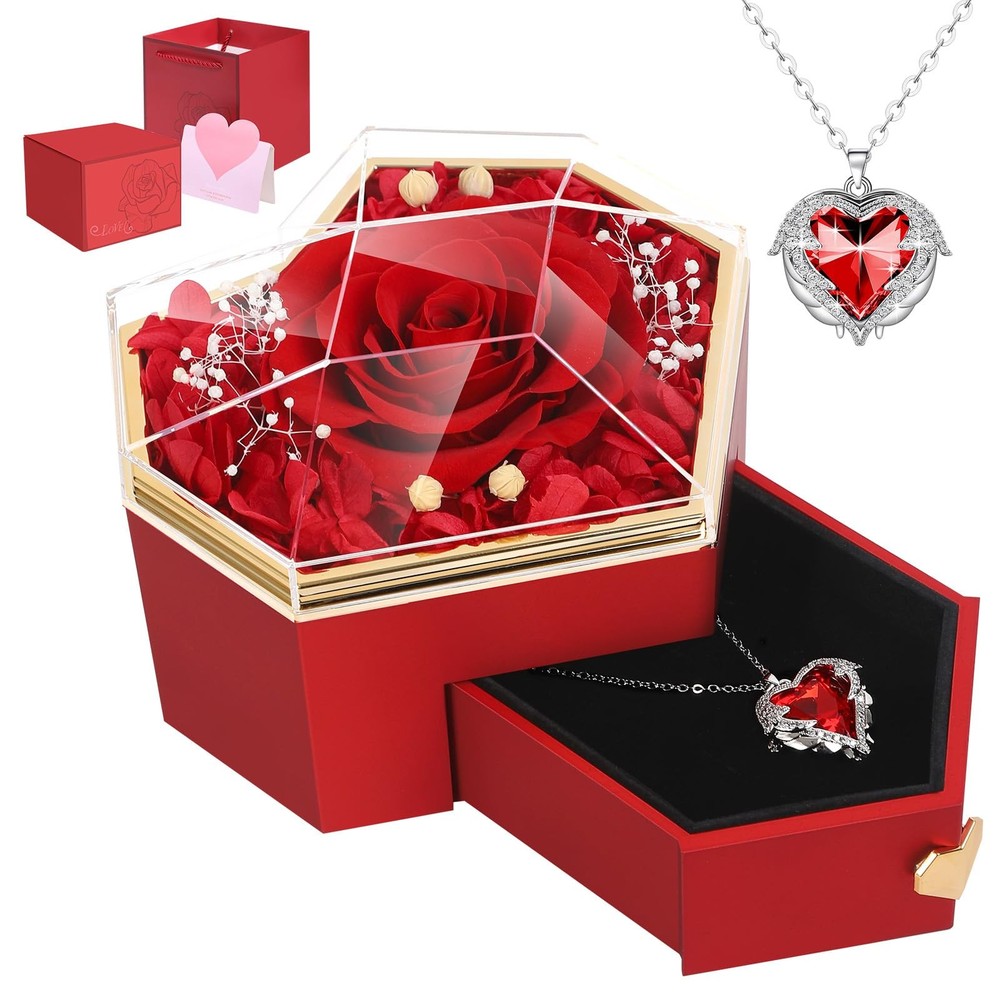 worthfan Preserved Red Real Rose with Necklace Forever Flowers Diamond