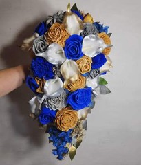 Royal Blue Silver Gold Rose Calla Lily Sola Bridal Wedding Bouquet Accessories