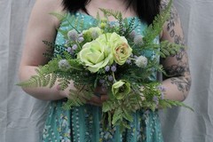 Light green rose & ranunculus w/ lavendar hints w/ matching boutonniere