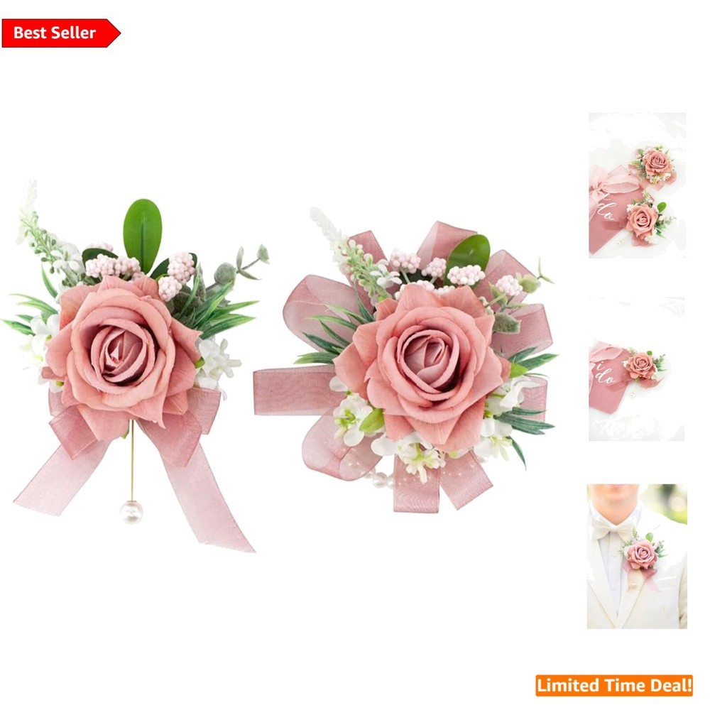 Artificial Dusty Rose Corsage and Boutonniere Set – Ideal for Weddings & Parties