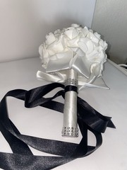 Artificial Wedding Bouquet With Bow, Rhinestone Embellishments And Ribbon Handle
