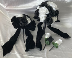 Wedding Bouquet Set, Black & White Roses, Black Velvet Bows, 21 Pc Flowers