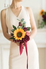 Ling’s Moment Set of 6 Sunflower and Burgundy Bridesmaid Bouquet Wedding Bouq…
