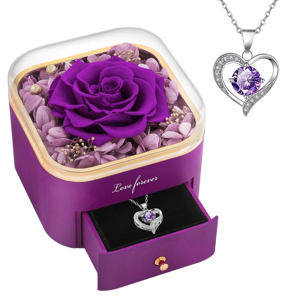 Valentines Day Gift for Her Preserved Real Purple Rose Flower Jewelry Box