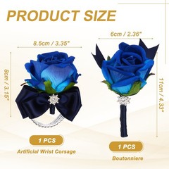 2Pcs Wrist Corsage Boutonnieres Set with Navy Blue Ribbon, Blue