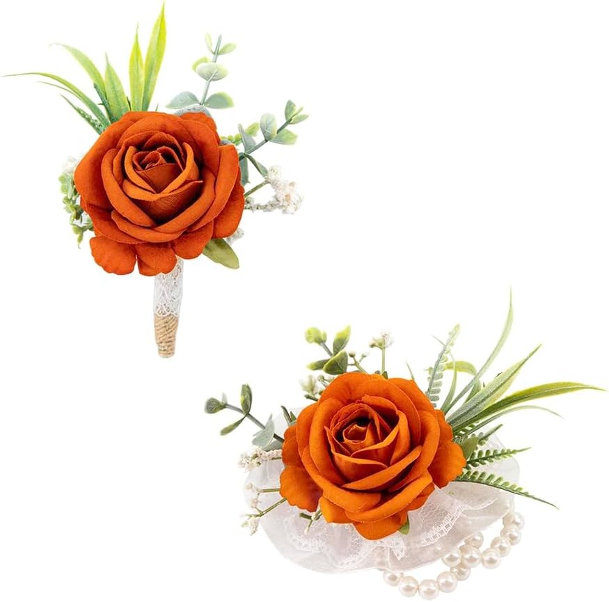 Ansofi Burnt Orange Corsage and Boutonniere Set Artificial Rose Flower Wrist Cor