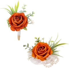 Ansofi Burnt Orange Corsage and Boutonniere Set Artificial Rose Flower Wrist Cor