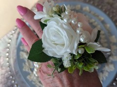 Wrist Corsage Blush And White Roses, Pearls On Pearl Wristlet, Real Touch Roses