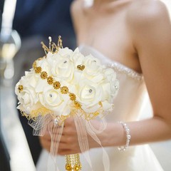 Real Touch Wedding Bouquet White Roses Crystal Bling Handle Silk Bridal Flowers