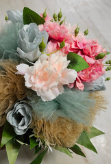 Handmade Dusty Pink Blue Bridal Wedding Bouquet Flower Girl Posey Handle 12″