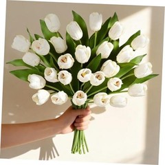 12 Pcs Tulips Artificial Flowers Real Touch Tulips Fake Faux Tulip White